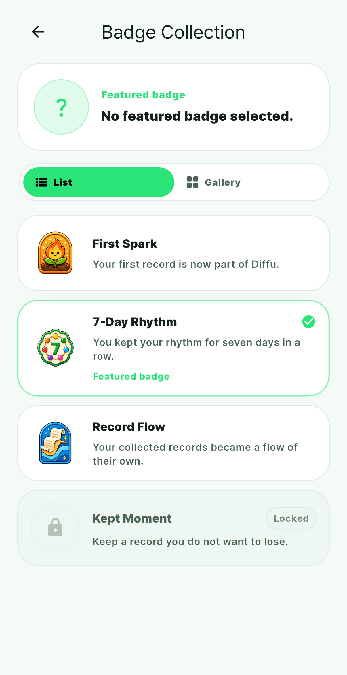 Diffu badge collection screen