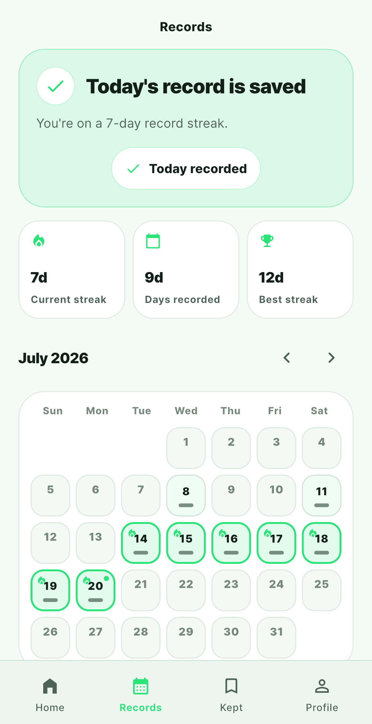Diffu record calendar screen