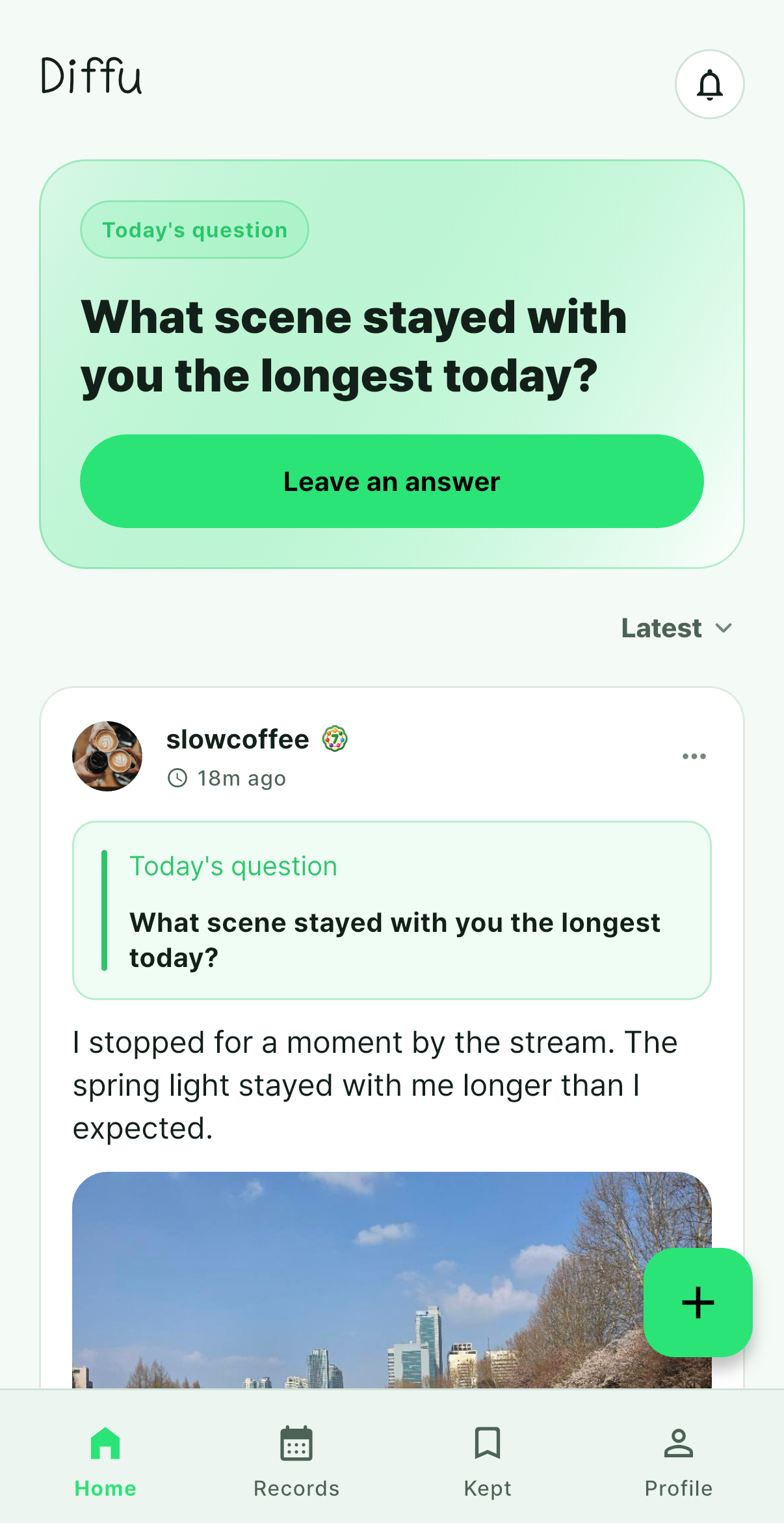 Diffu daily question feed screen